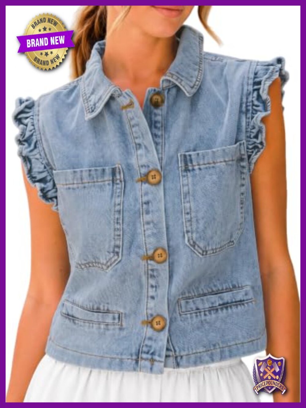Cropped Denim Vest Sleeveless Ruffle Trim Button Down Jean Waistcoat